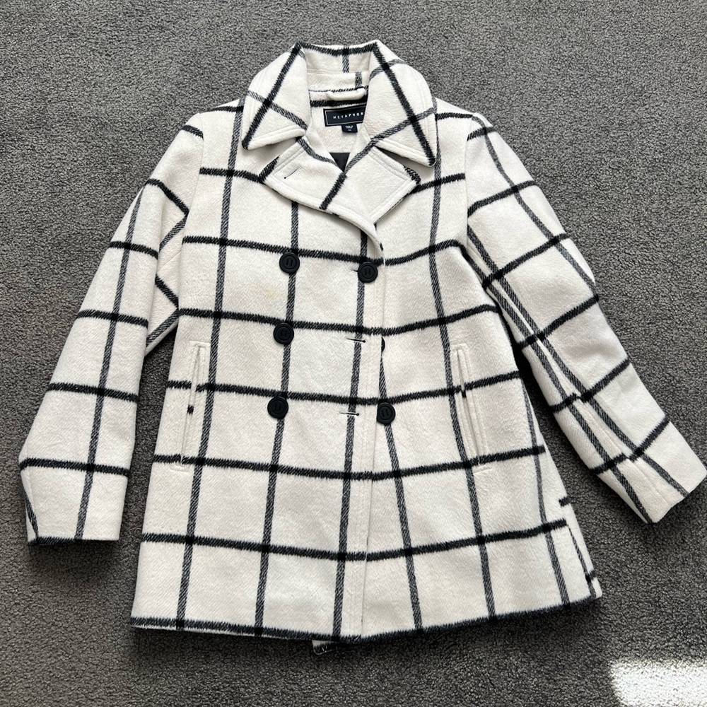 Metaphor Women's Black and White Checkered Pea Coat